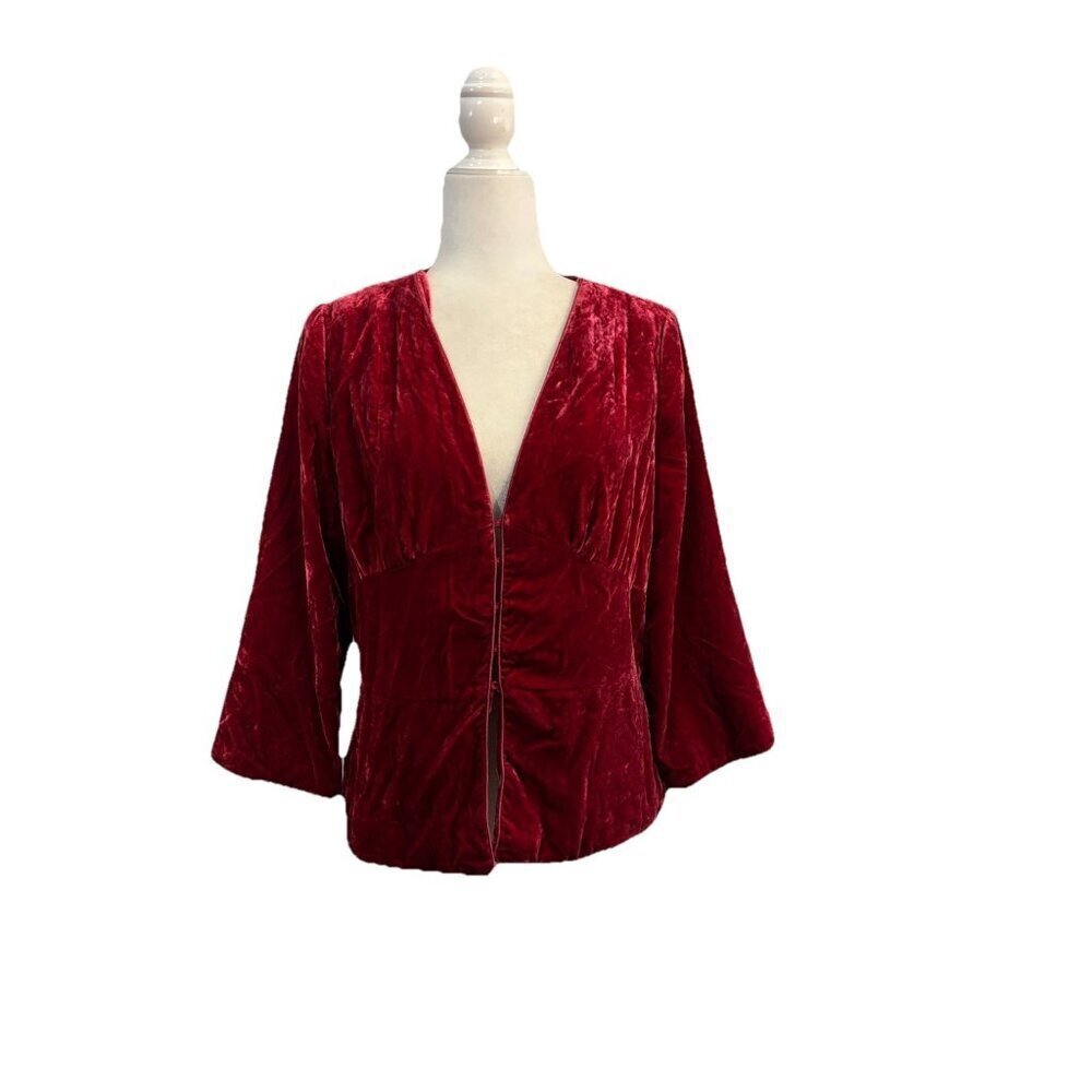 Intuitions Red Velvet  Jacket Blazer  V Neck Hook And Eye Close  Women 12